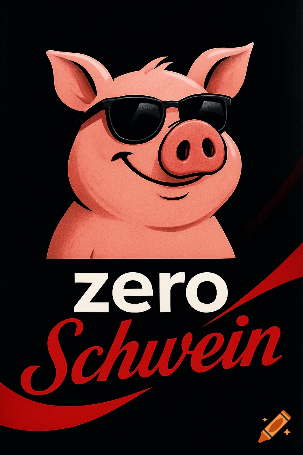 A stylized advertising poster features a cool cartoon pig in sunglasses above the text 'zero Schwein' on a black background with red accents.