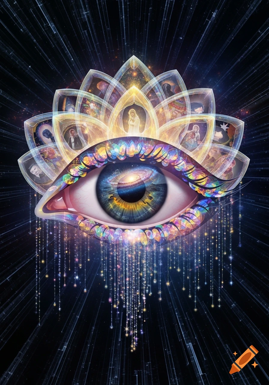 A surreal, glowing eye with a galaxy in its iris, surrounded by lotus-like petals containing various figures, emitting sparkling light.