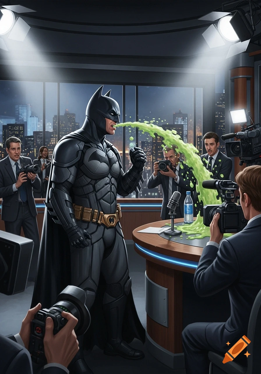 Batman projectile vomits green liquid during a televised interview with journalists and cameras.