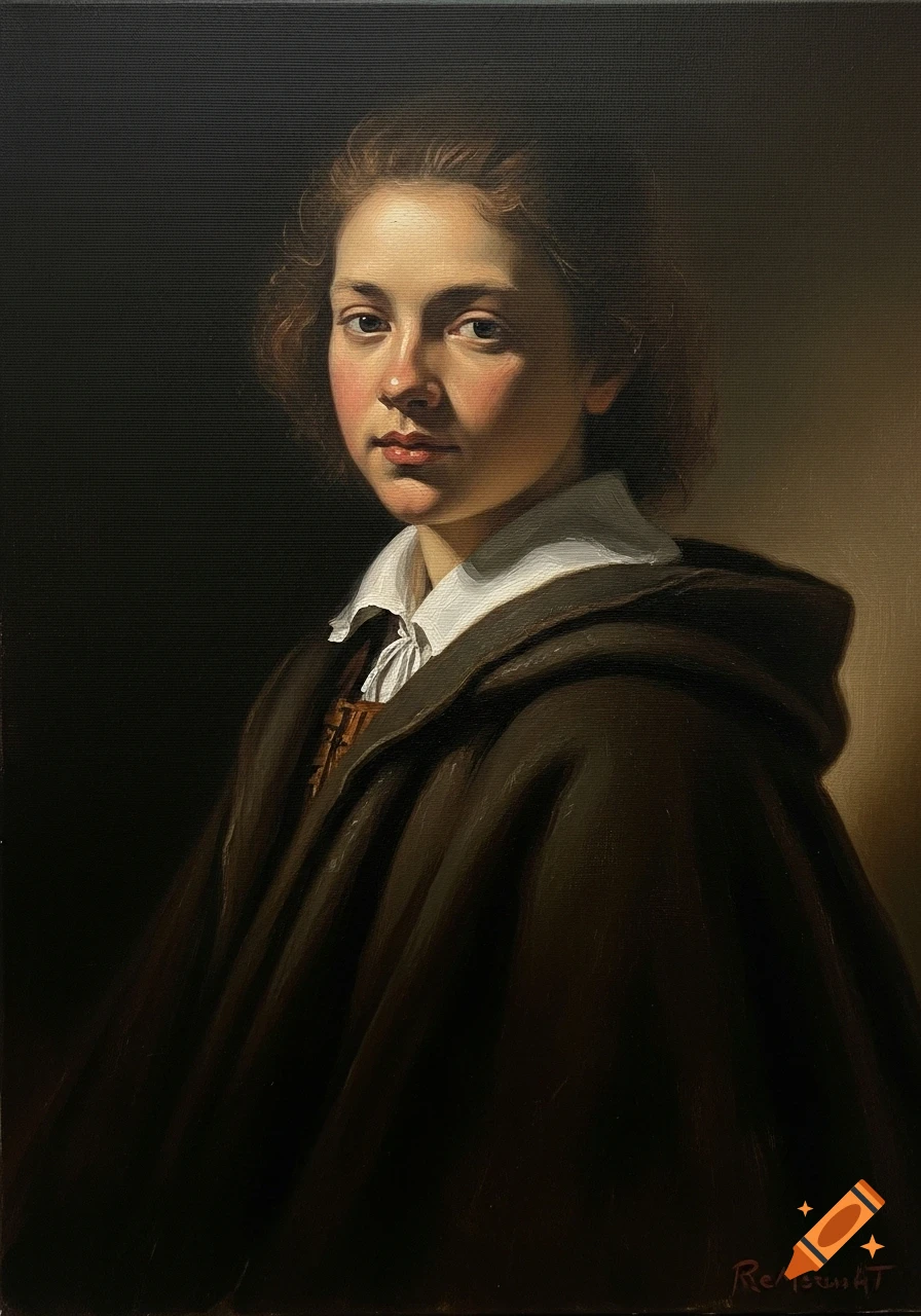 Realistic oil painting of a young person in a dark cloak and white collar, with dramatic chiaroscuro lighting.