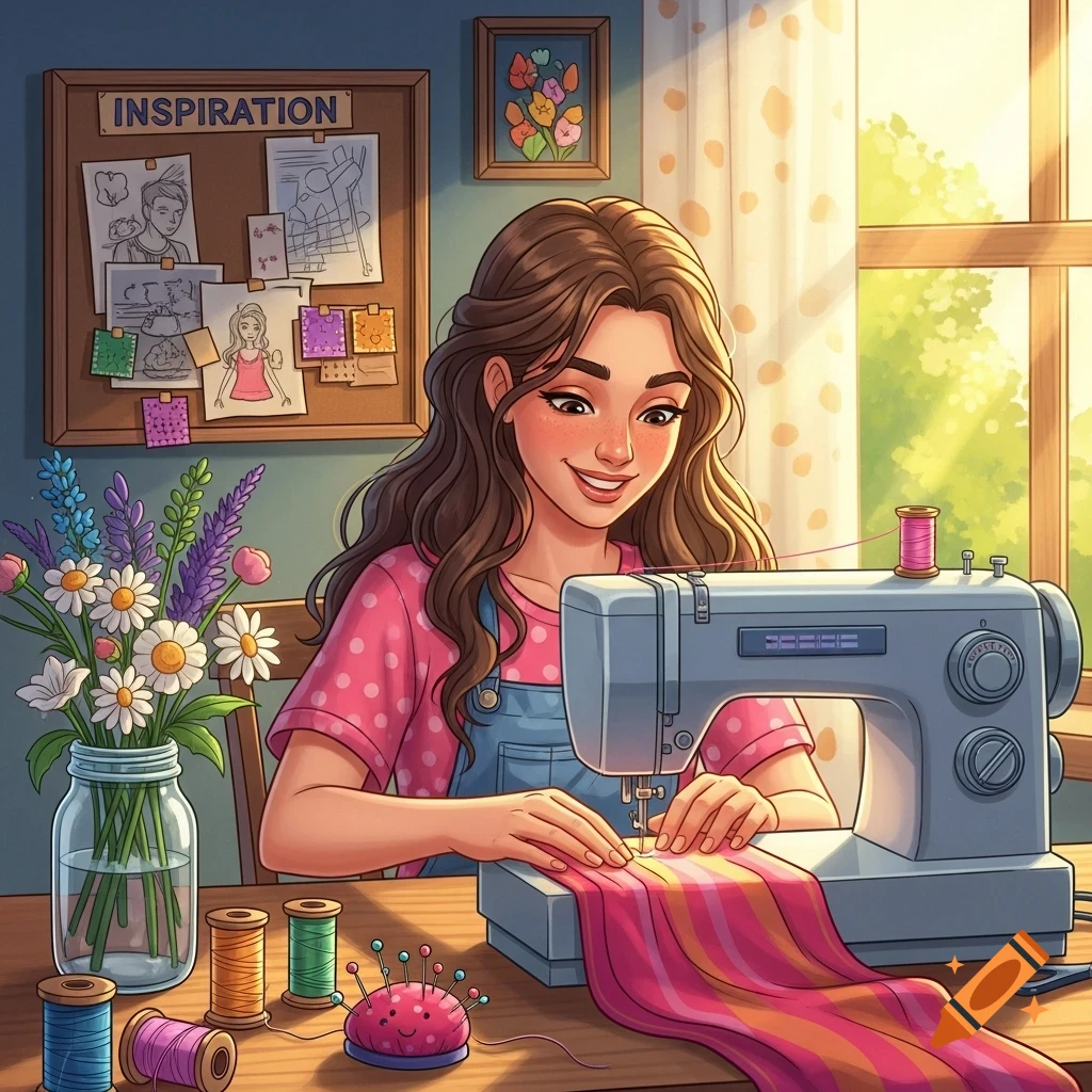 A happy cartoon teenage girl with long hair sews colorful fabric on a machine, surrounded by flowers, spools of thread, and an "INSPIRATION" board.