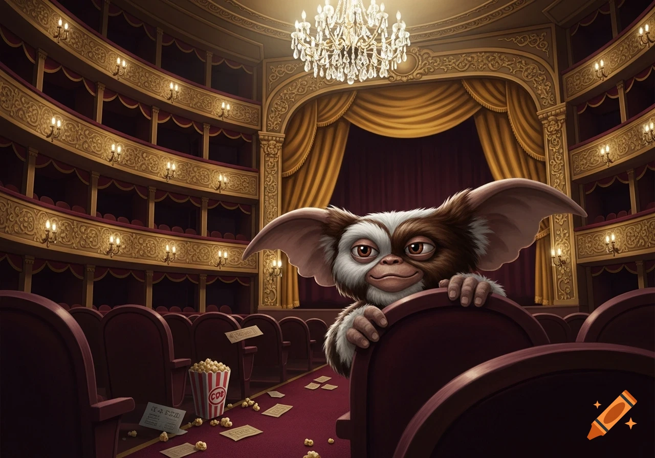 A cartoonish brown and white Gremlin peeks over a red theater seat in an ornate, empty opera house with a grand chandelier.