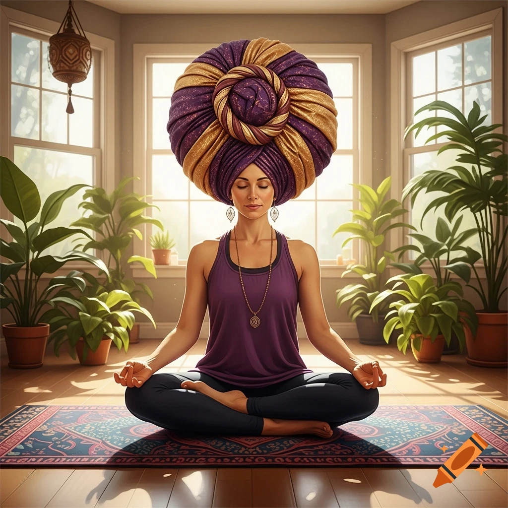 A woman with a large, spherical purple and gold turban meditates on a yoga mat in a sunny room filled with plants.