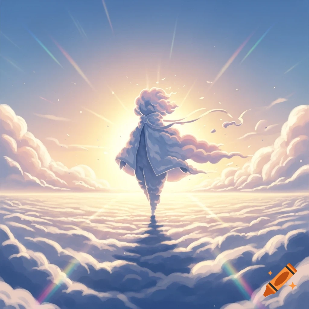 Anime-style cloud figure with a cloak standing on a vast cloudscape under a bright sun with rainbows.