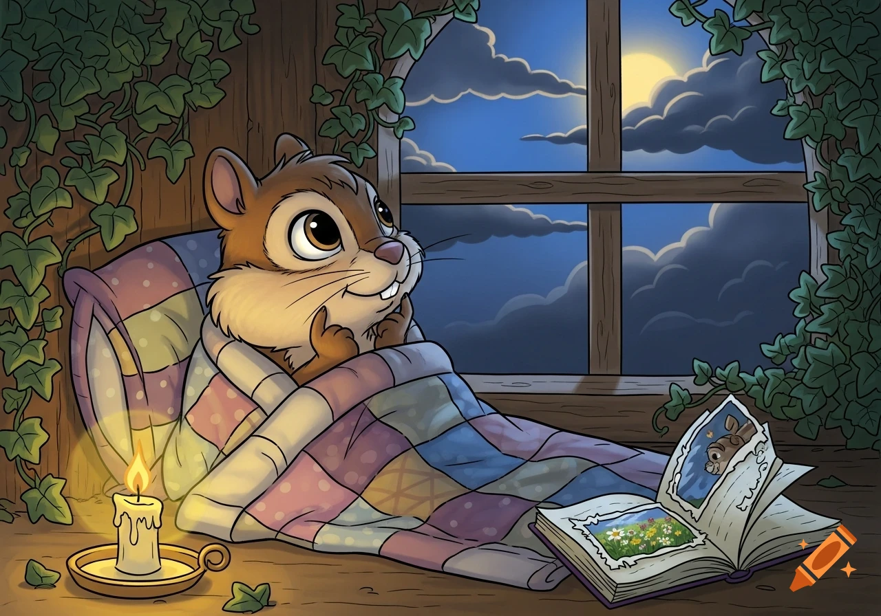 A cartoon chipmunk snuggles under a colorful patchwork quilt, reading a book by candlelight next to a window on a cloudy, moonlit night.