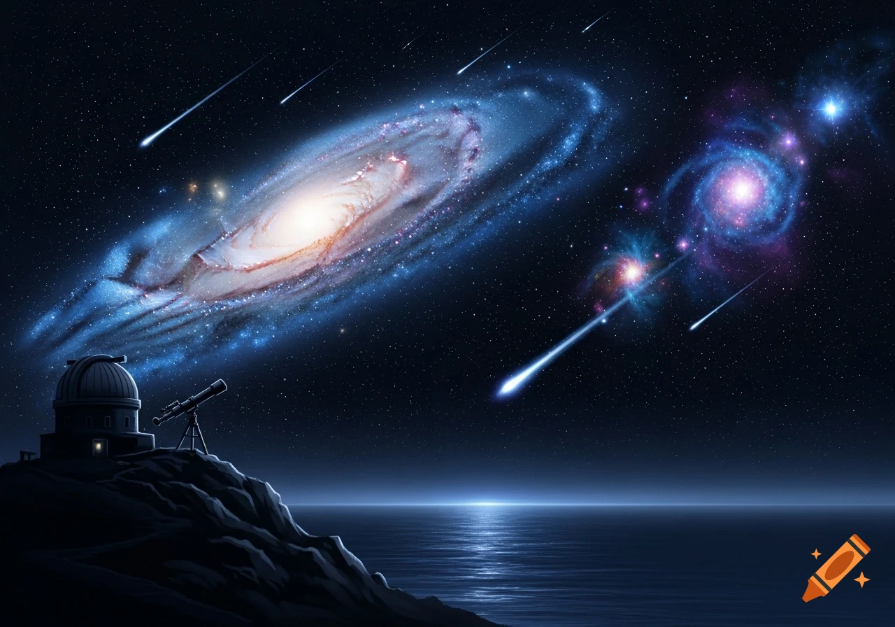 An observatory and a telescope on a cliff overlooking an ocean under a vast night sky with a large spiral galaxy and shooting stars.