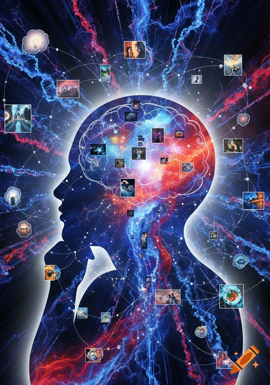 A dark silhouette of a human head, filled with glowing blue and red ...