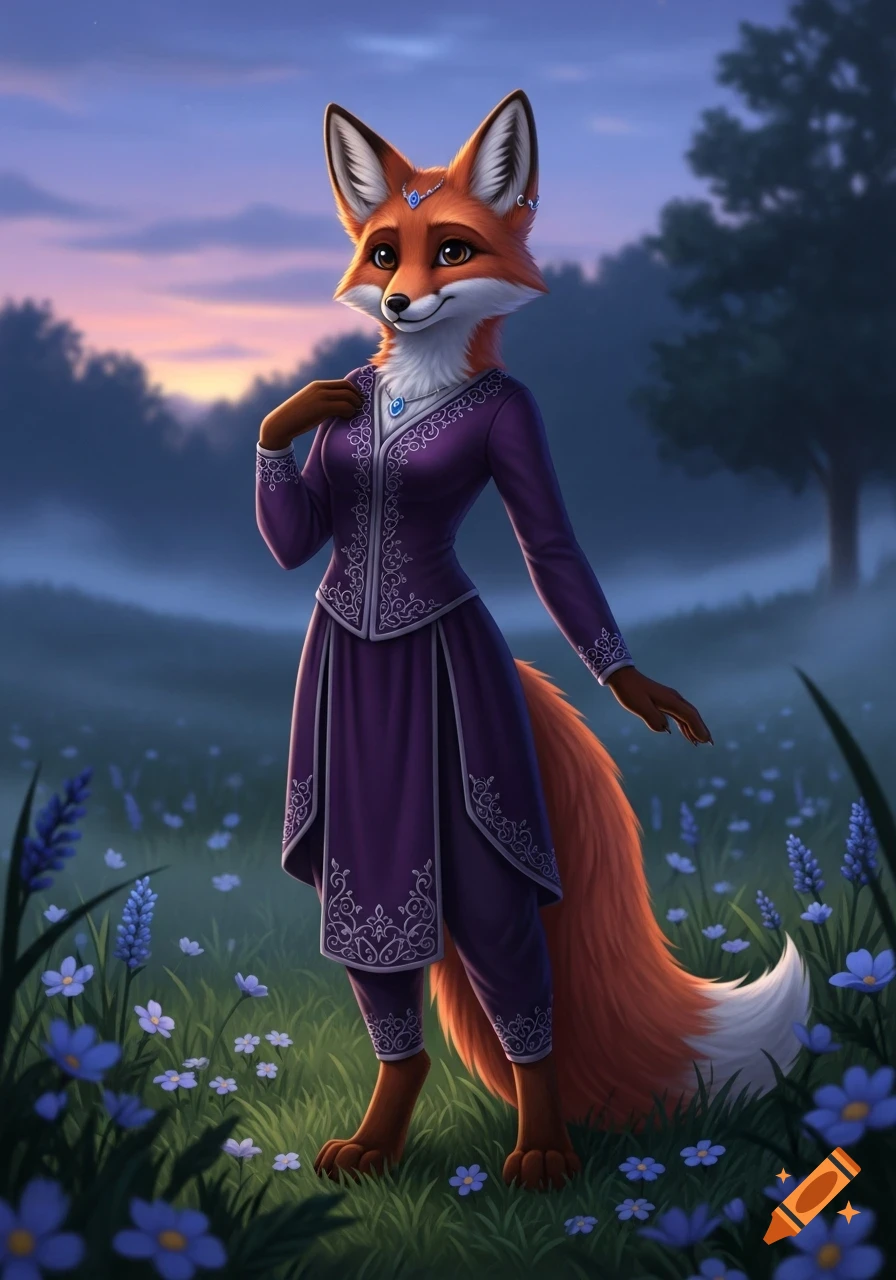 Anthropomorphic female fox in a purple tunic and pants stands in a field of blue flowers at dusk.