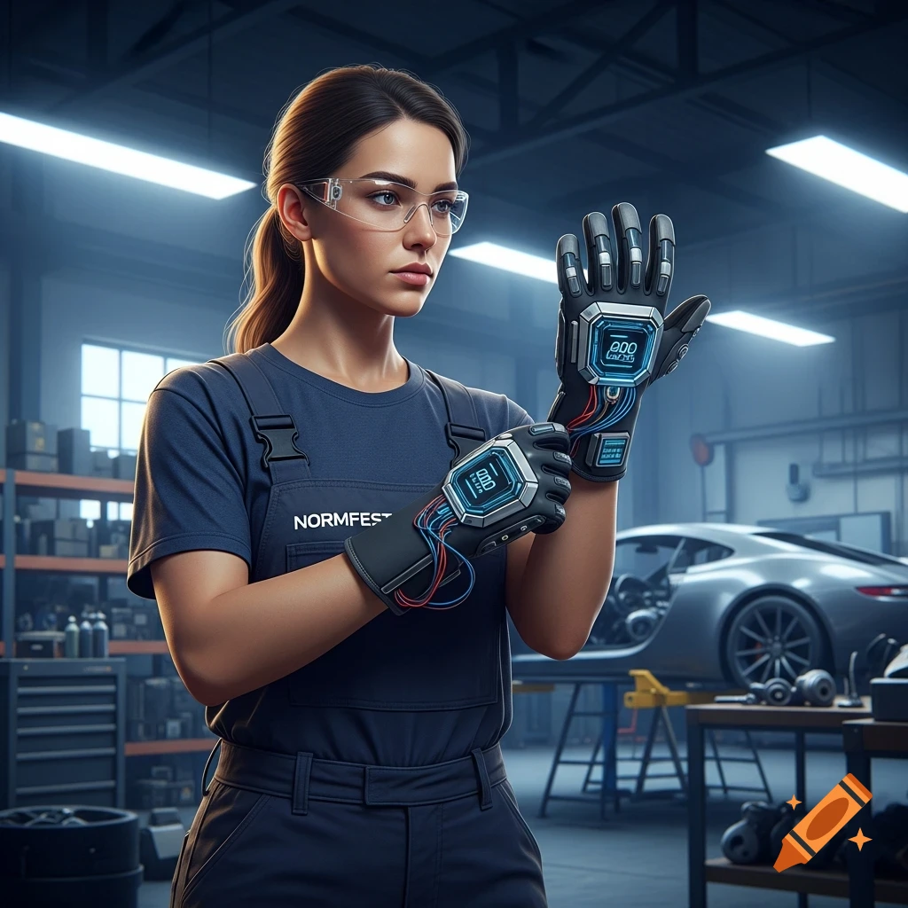 A young female mechanic in a workshop puts on futuristic smart gloves, with a car visible in the background.