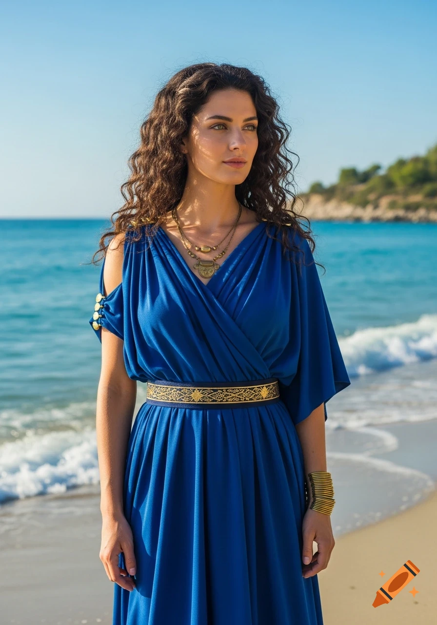 A woman with long curly brown hair and a blue Ancient Greek dress stands on a sunny beach, looking to the side.