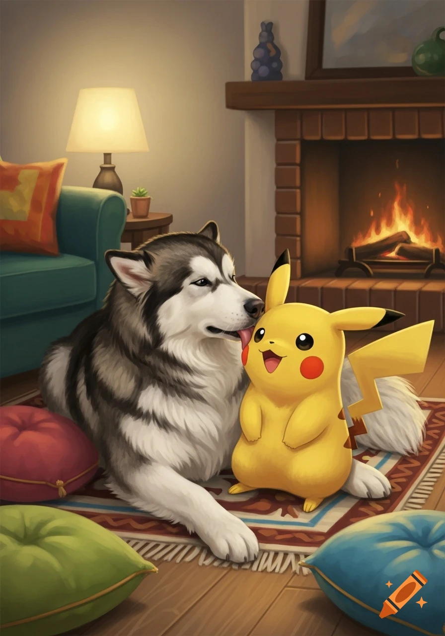 A Malamute dog affectionately licks Pikachu's face in a cozy living room with a lit fireplace and cushions, digital art.