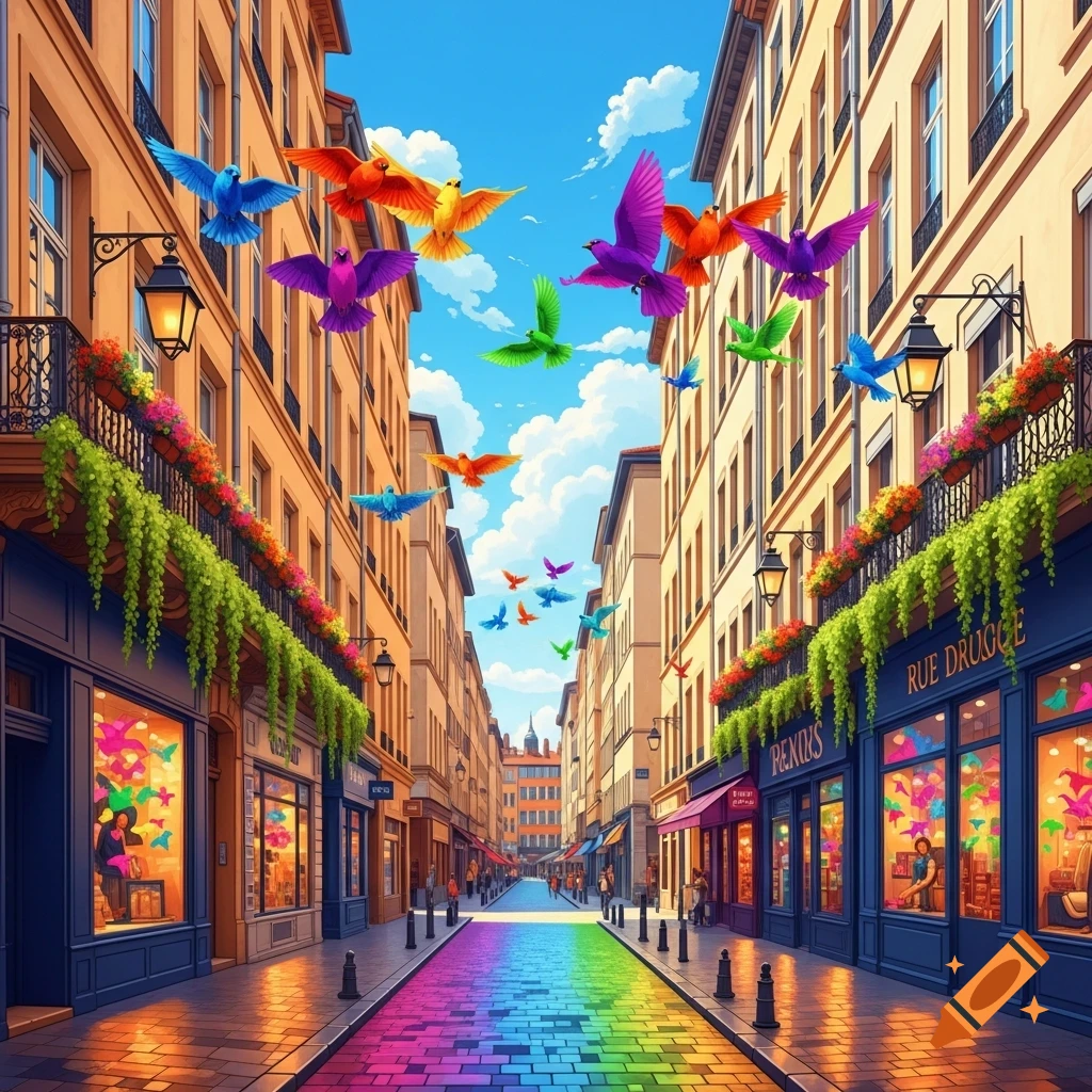 A vibrant, cartoon-style street scene with colorful buildings, a rainbow-colored street, and many bright, multicolored birds flying in a clear blue sky.