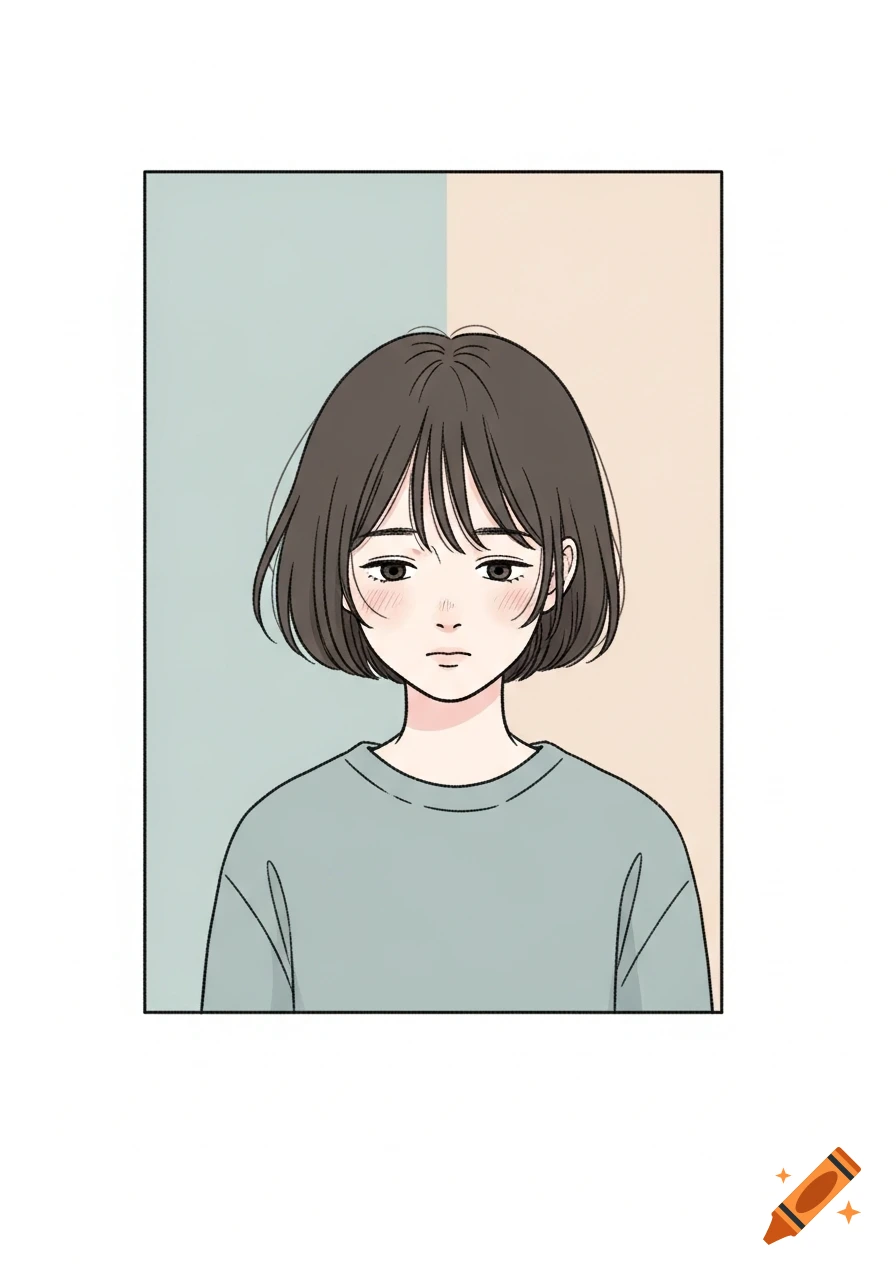 A 2D manga-style illustration of a young person with short dark hair, wearing a light green shirt, against a two-tone pastel background.