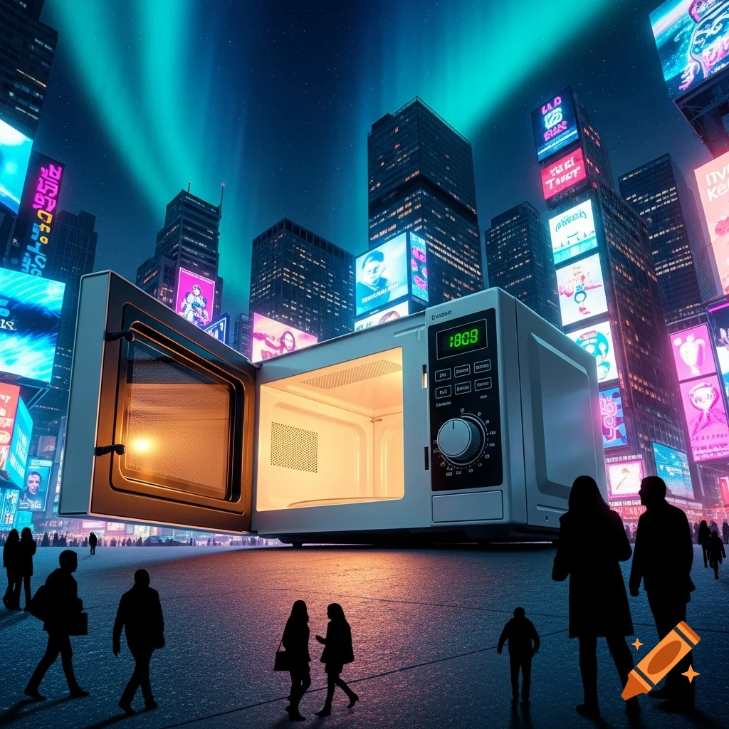 A giant microwave oven with its door open stands in a futuristic city square at night, surrounded by tall buildings with glowing neon billboards and silhouetted people walking around. Aurora borealis-like lights streak across the sky.