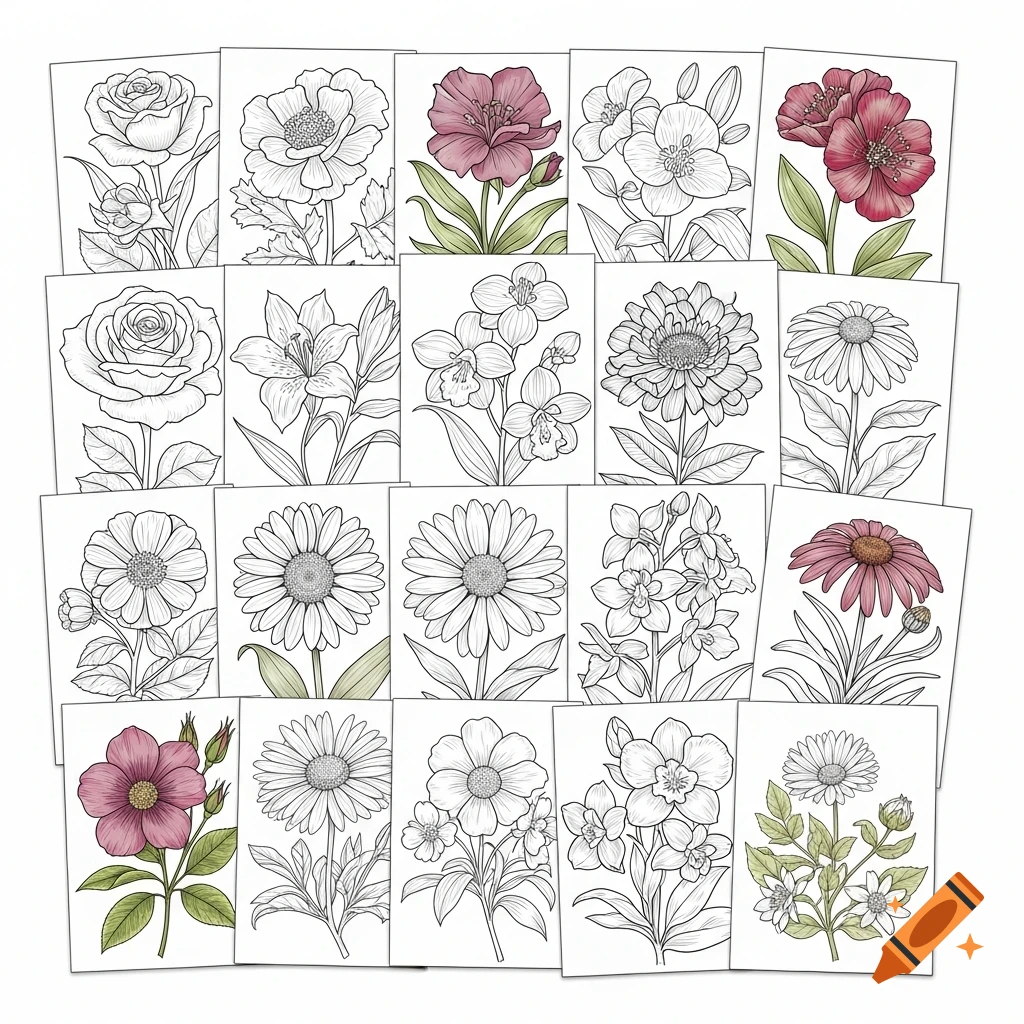 A grid of individual line art illustrations of various flowers, some partially colored in shades of red and green, on separate white sheets.