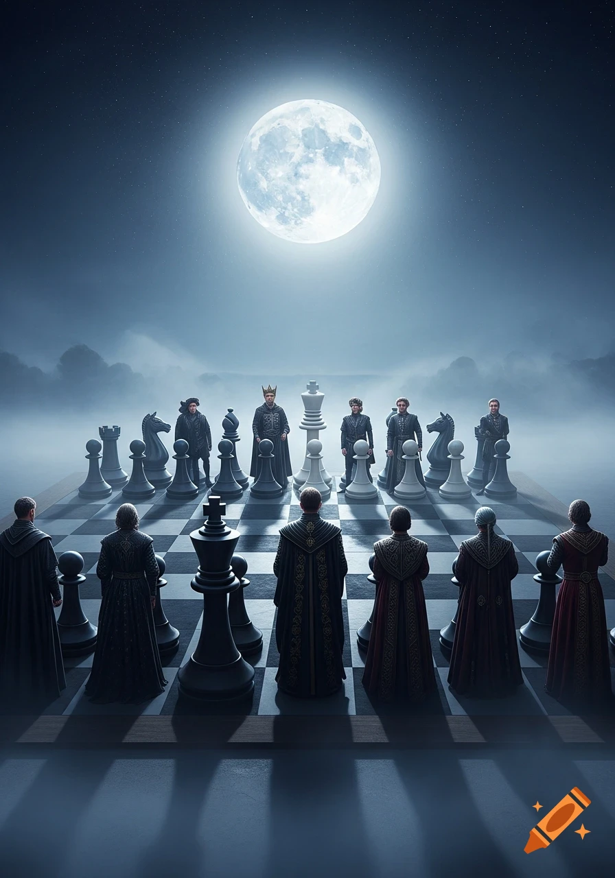 People dressed as chess pieces on a large chessboard under a full moon in a foggy night, viewed from behind the black side.