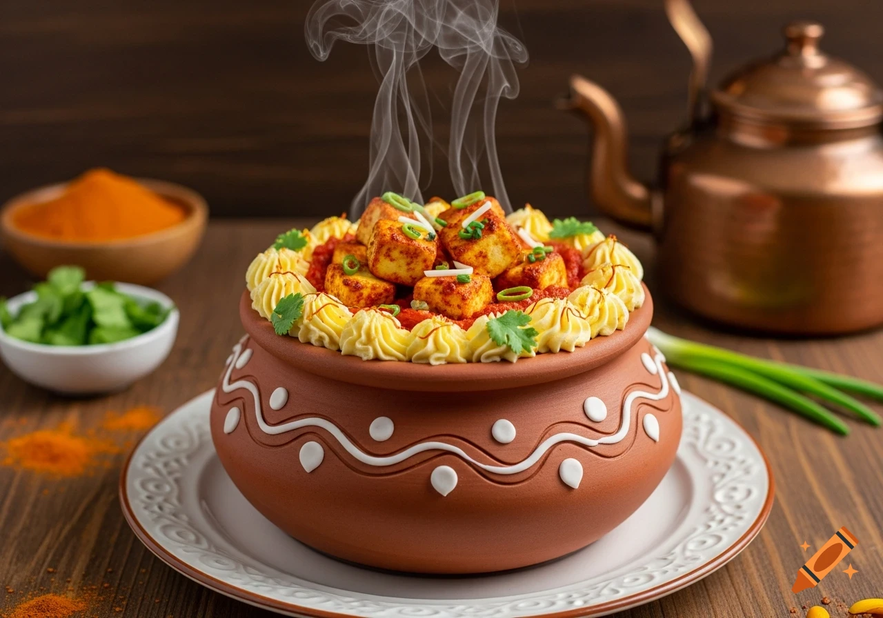 Steaming Paneer Tikka Masala in a decorative clay pot, garnished with piped yellow cream, cilantro, and spring onions, with spices in background.