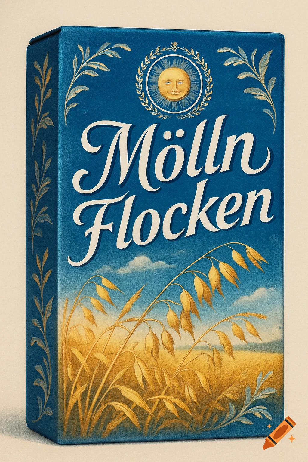 A blue vintage-style oatmeal box with 'Mölln Flocken' text, a smiling sun logo, and a field of golden oats under a blue sky.
