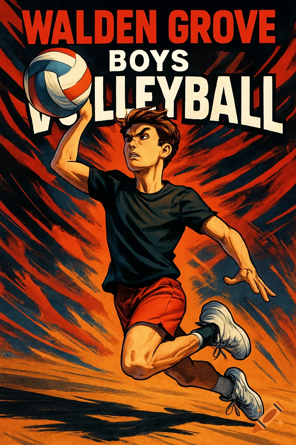 A stylized comic art image of a male volleyball player mid-jump, about to hit a ball, with 'WALDEN GROVE BOYS VOLLEYBALL' at the top, on a dynamic red and black background.