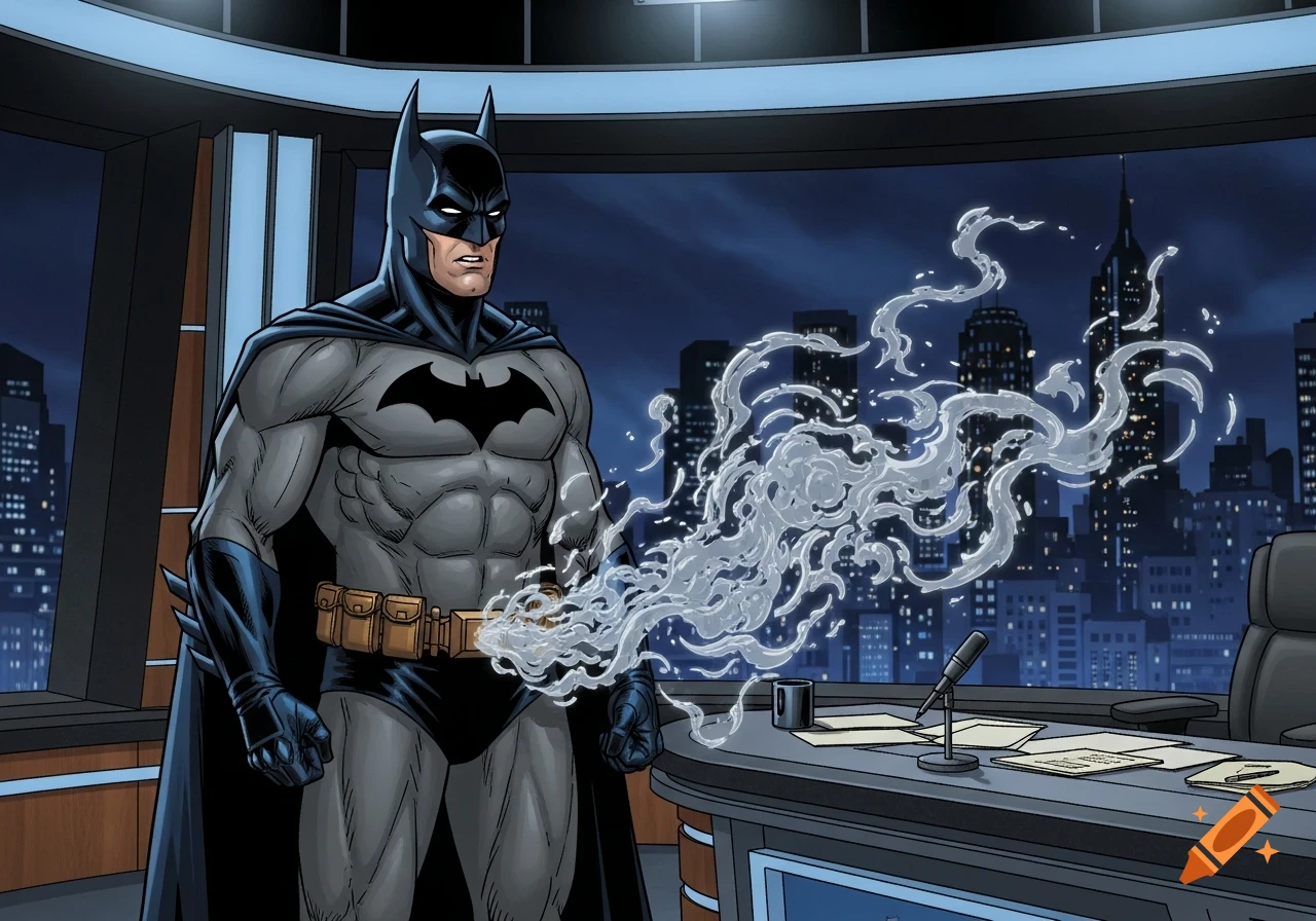 Batman stands in a comic book style news studio, with white smoke emerging from his belt buckle area.