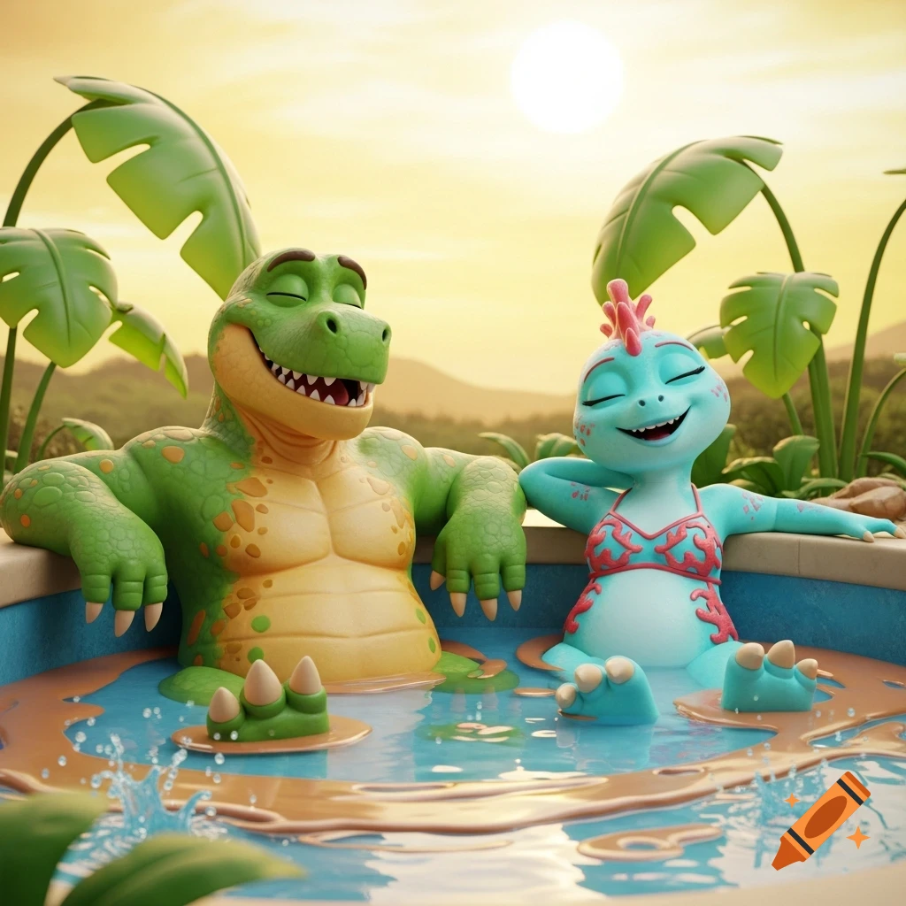 Anthropomorphic cartoon dinosaur couple, a green male and a blue female in a bikini top, happily relaxing in a mud hot tub under a sunny sky.