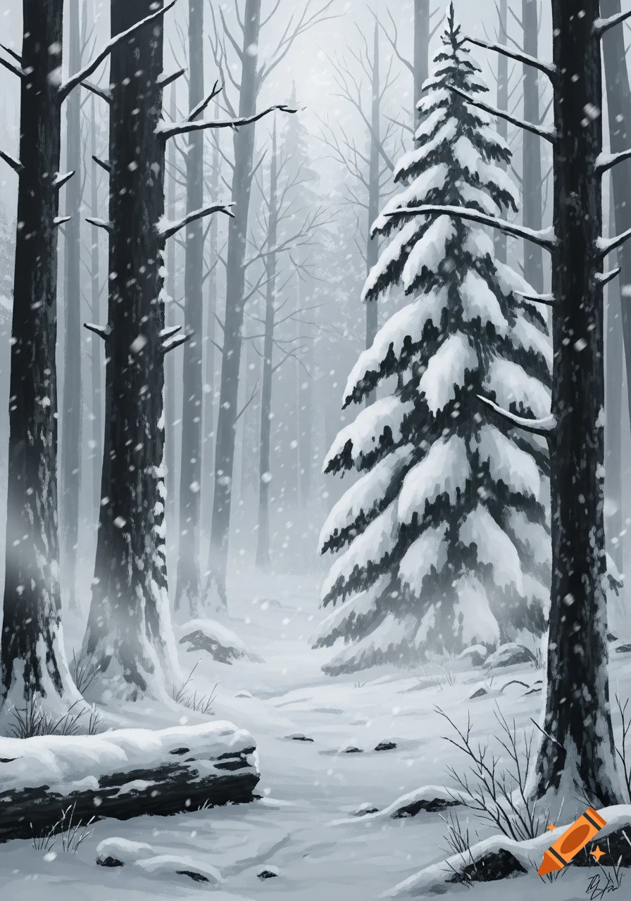 A dark, eerie winter forest scene with heavy snow falling, covering ...