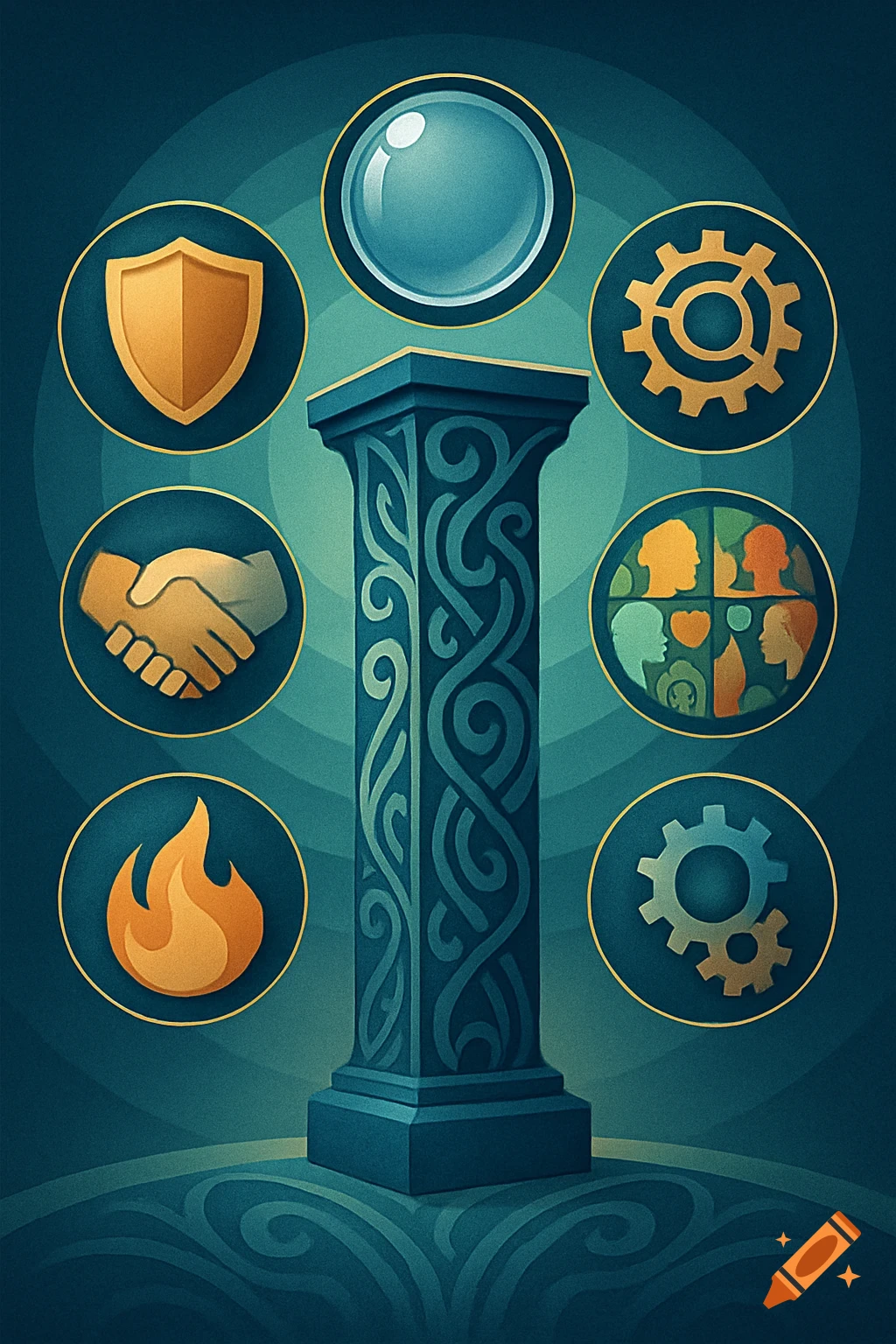 A teal column with Celtic knot patterns, surrounded by gold-outlined circular icons on a teal background. Icons include a shield, shaking hands, a flame, two gears, a transparent bubble, and a globe with diverse stylized faces.