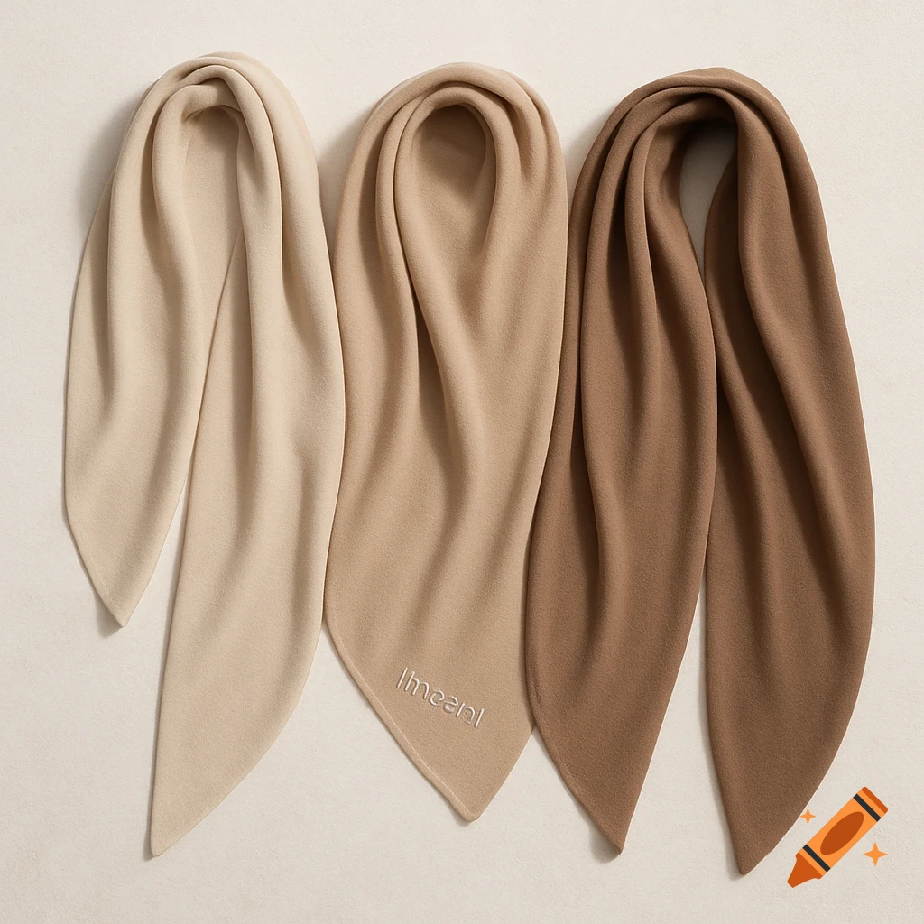 Three soft jersey scarves in beige, sand, and mocha colors, laid flat on a light background.