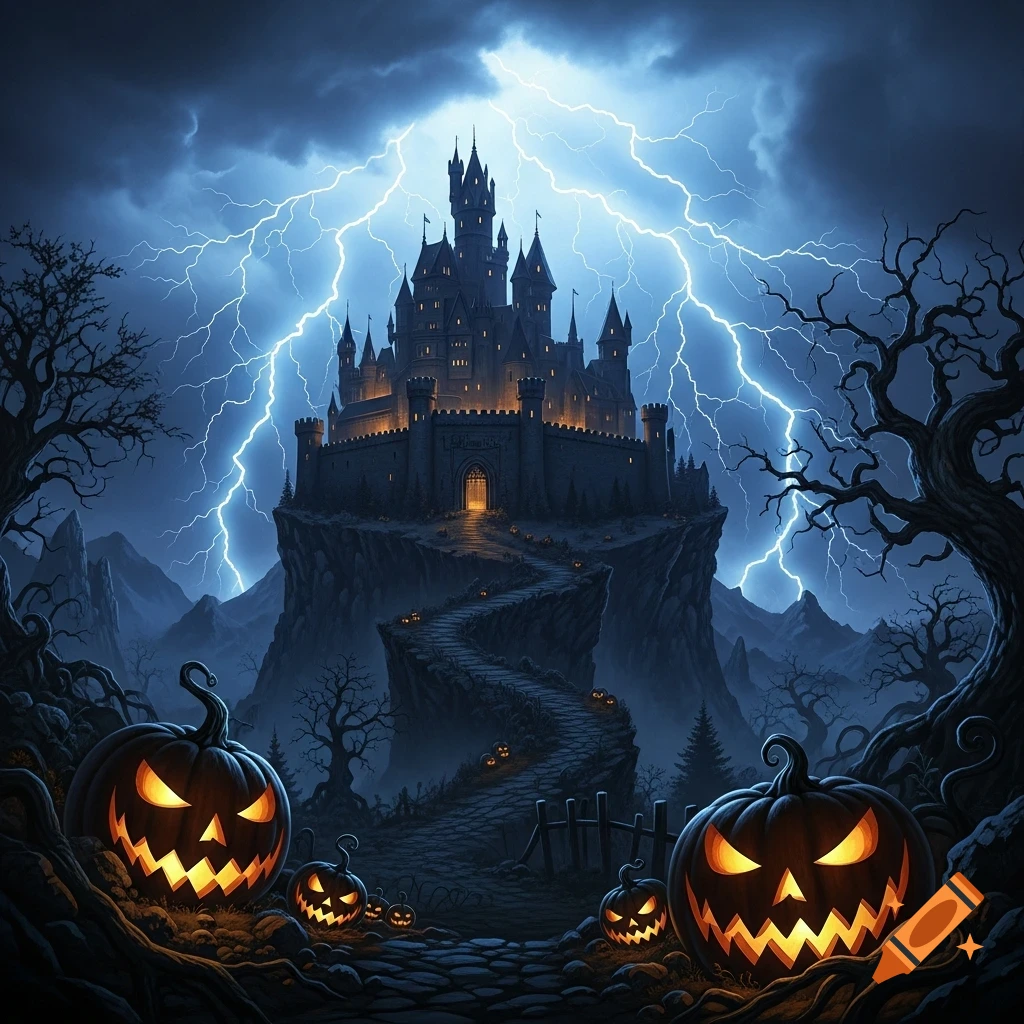 A dark fantasy castle on a cliff under a lightning storm, with a winding path and glowing jack-o'-lanterns in the foreground.