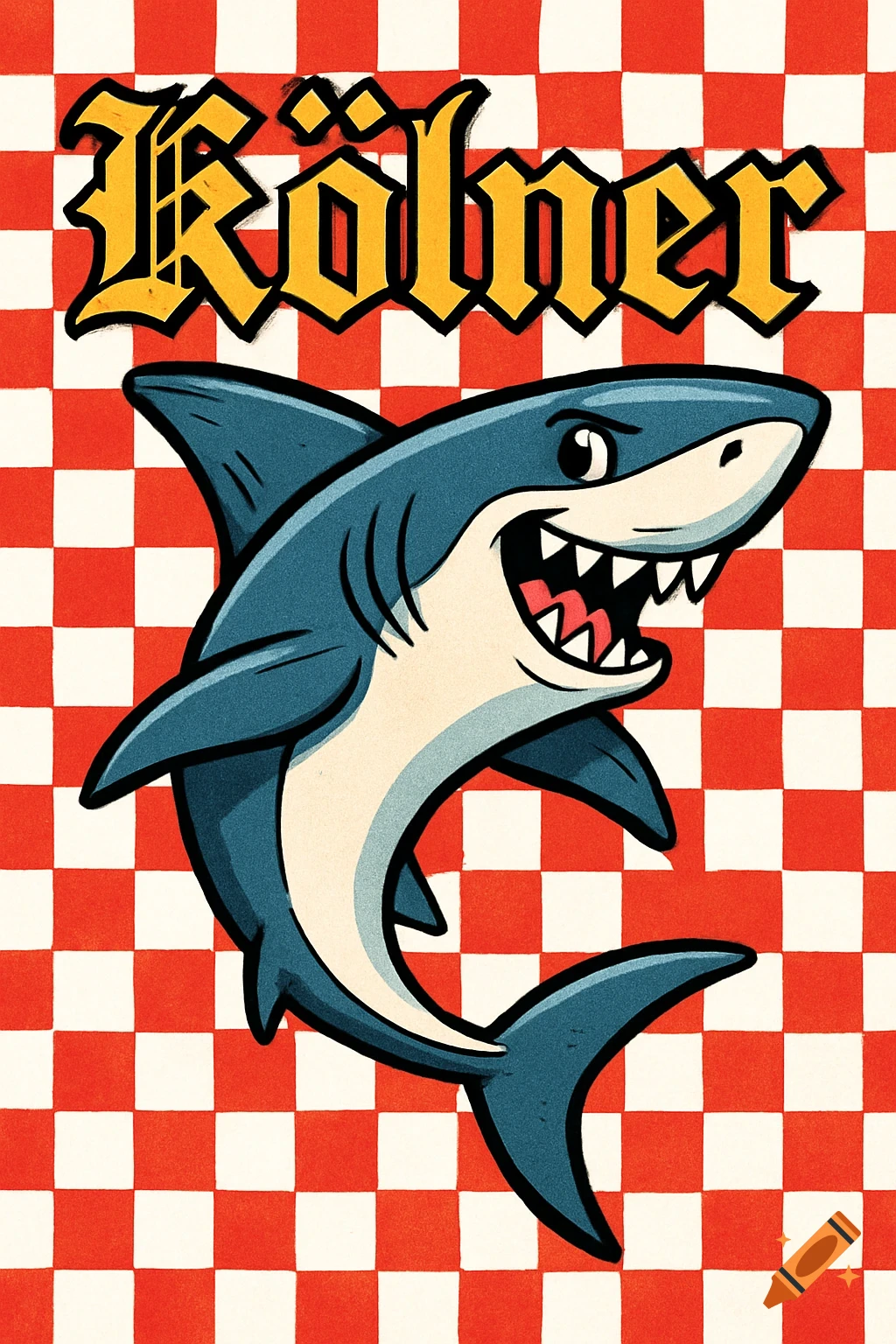 Cartoon blue shark with an open mouth and sharp teeth smiles against a red and white checkered background, with the word "Kölner" in an old German font above it.