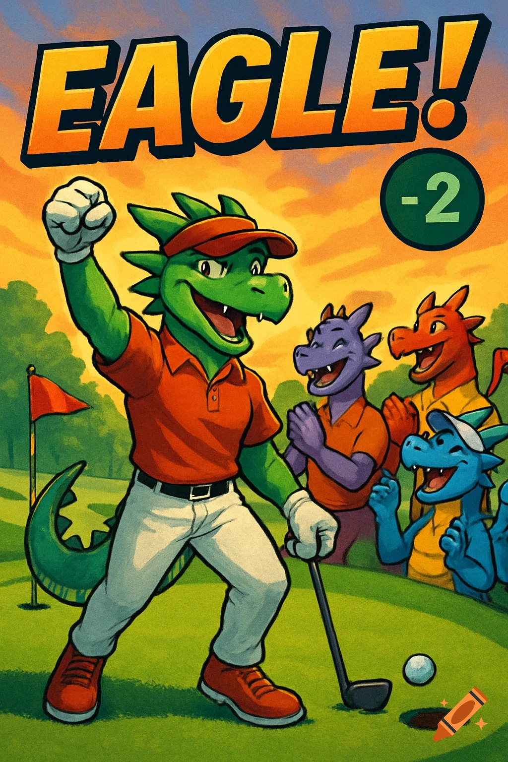 Cartoon green dragon celebrating an eagle on a golf course with friends, text 'EAGLE!' and '-2'.