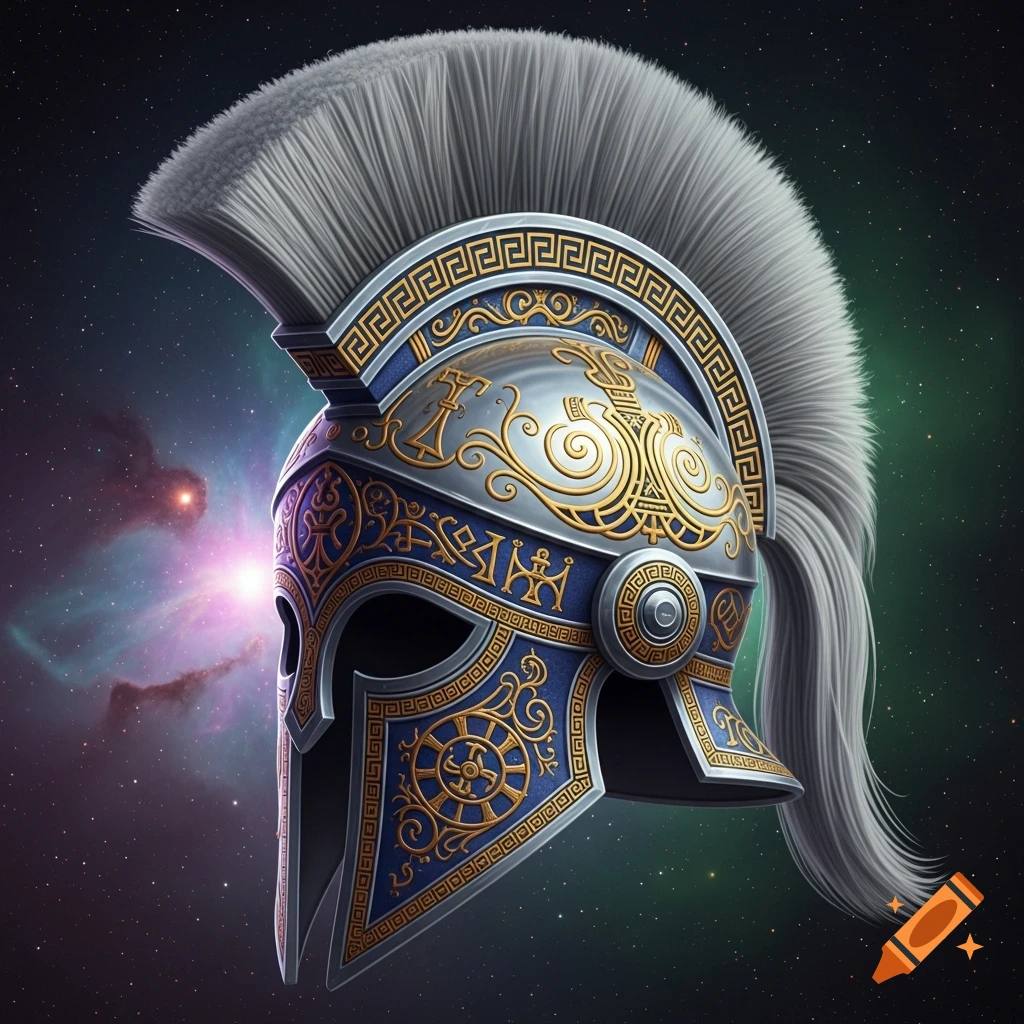 A detailed Greek-style helmet with a white crest and gold patterns, set against a vibrant starry galaxy background.