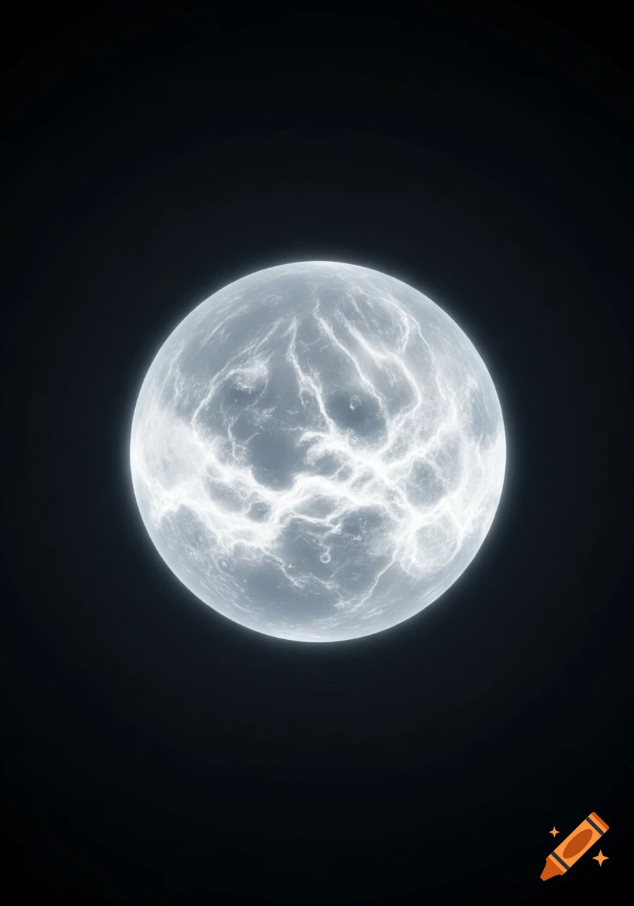 A glowing, textured, white and grey celestial sphere, resembling a planet or moon, against a stark black background.