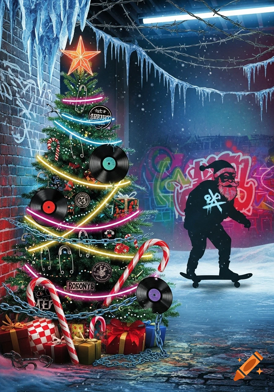 A punk rock themed Christmas tree with neon lights, safety pins, chains, and vinyl records, next to a skateboarding Santa silhouette against a graffiti background.