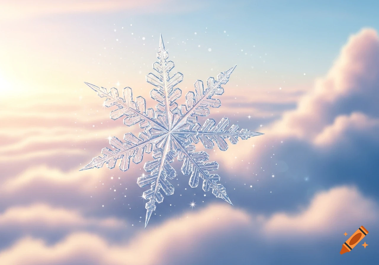 A detailed, crystalline snowflake glows against a soft, ethereal sky with warm sunlight and pastel clouds.
