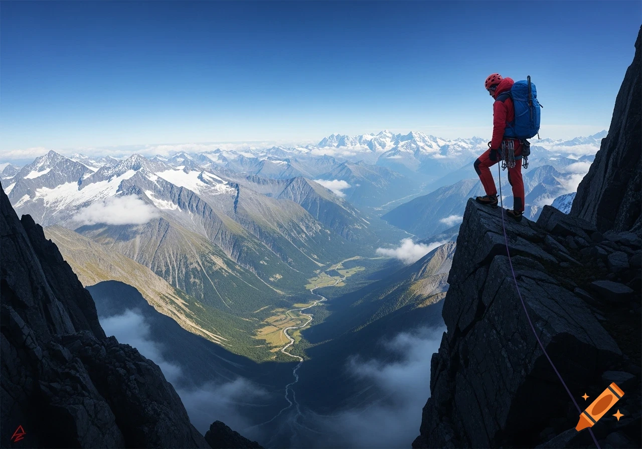 A lone climber in red gear stands on a precarious rocky mountain ridge, overlooking a vast, sweeping valley with snow-capped peaks in the distance under a clear blue sky. Photorealistic style.