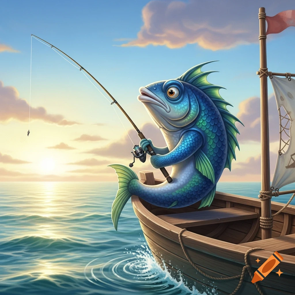 A cartoon fish with a fishing rod in a small wooden sailboat on the ocean at sunset.