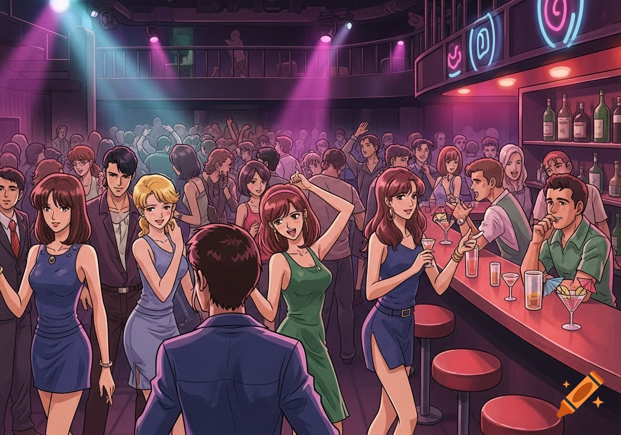 A crowded night club scene in old anime style, with people dancing, socializing, and drinking at a bar under purple lights and neon signs.