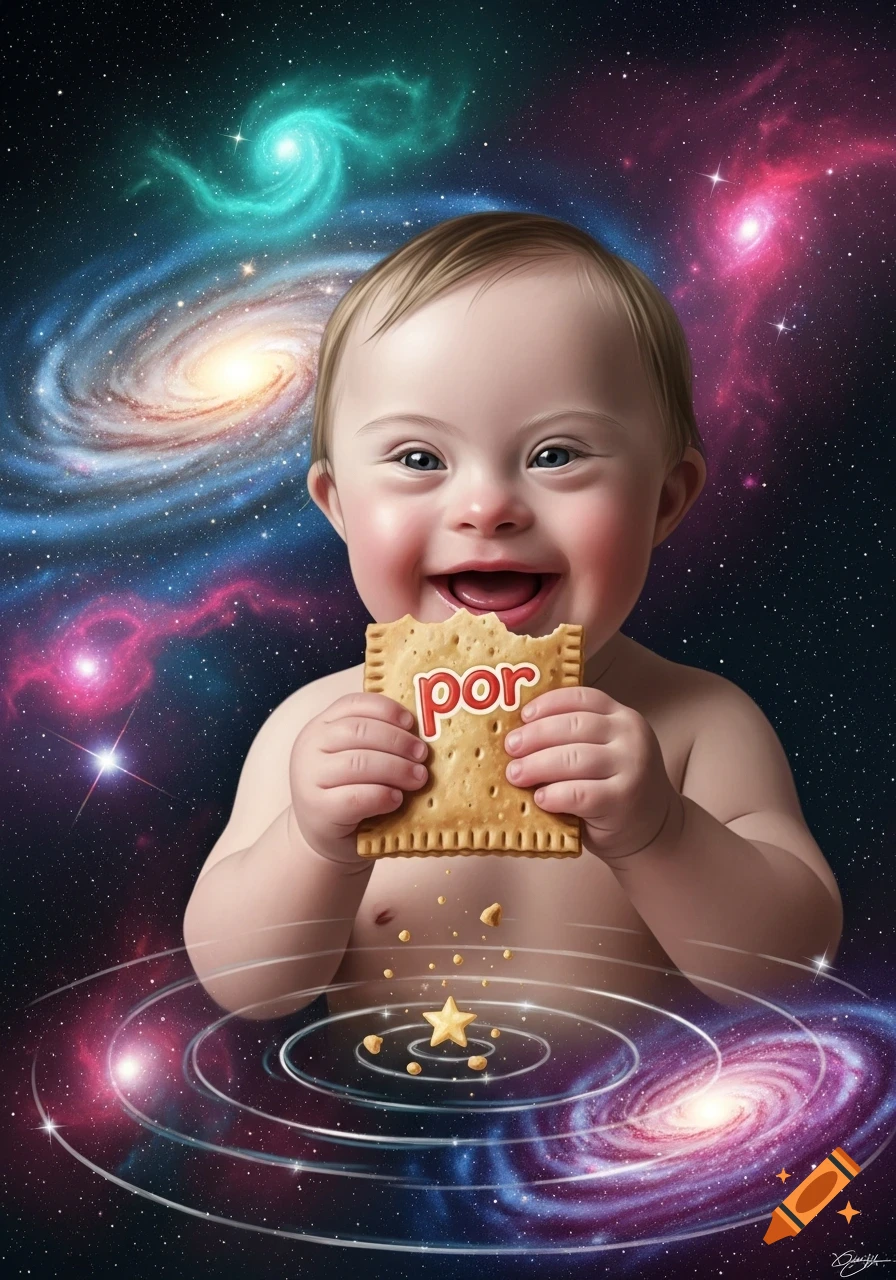 A smiling baby with Down Syndrome happily holds a cracker with "por" written on it, surrounded by colorful galaxies and stars in space.