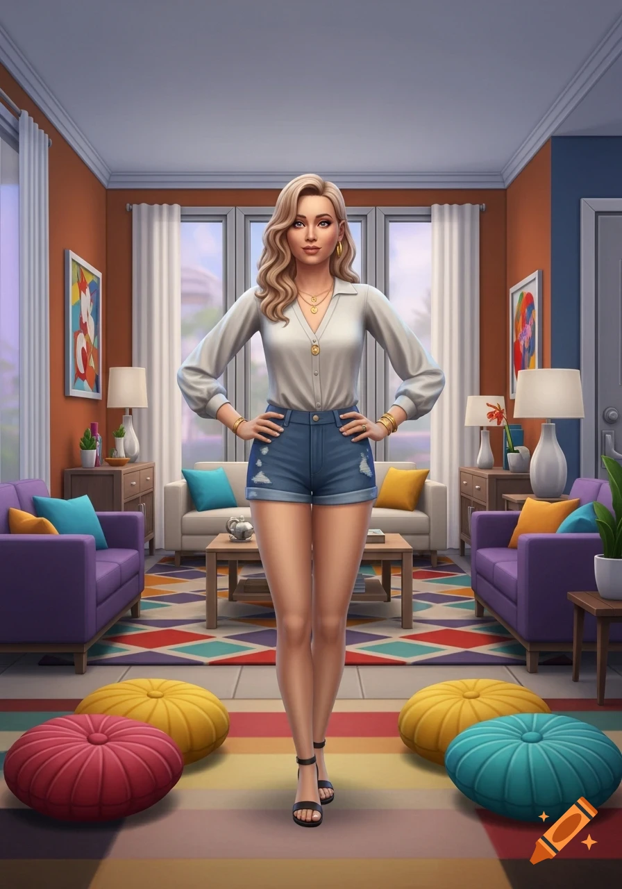 A stylized blonde female character in a white shirt and denim shorts stands in a colorful, modern living room.