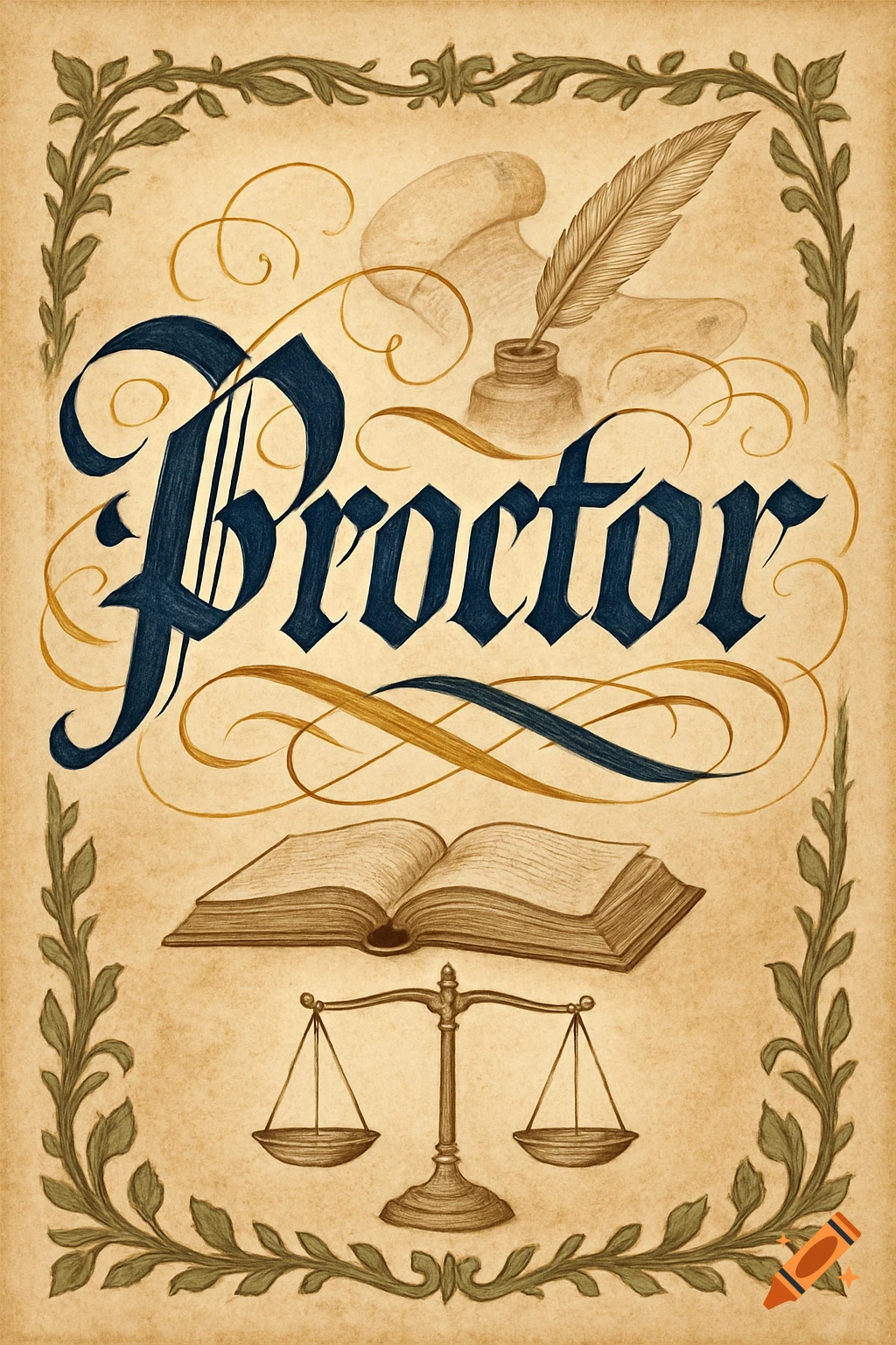 Ornate calligraphic design of 'Proctor' in navy blue and gold, with a quill, inkwell, parchment, open book, and scales of justice, framed by vines on aged paper.