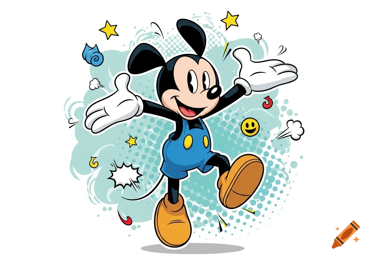 A colorful cartoon illustration of Mickey Mouse in blue overalls, arms wide, happily skipping amidst comic-style stars and a smiley face on a light blue background.
