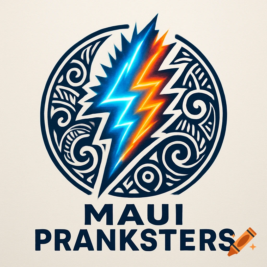 Logo featuring a blue and orange lightning bolt splitting a dark blue tribal-patterned circle, with 'MAUI PRANKSTERS' text below.