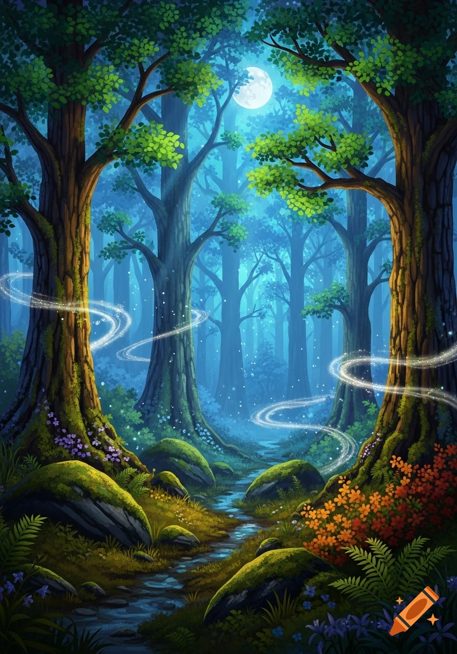 An enchanted forest at night with a full moon illuminating a winding ...