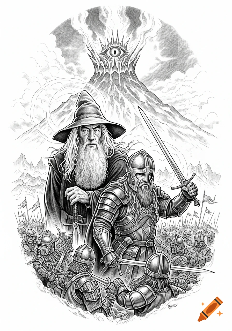 Black and white illustration of Gandalf and Gimli with an army, Mount Doom and the Eye of Sauron in the background.