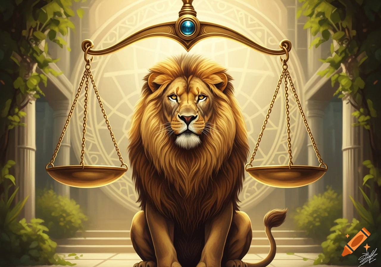 A majestic golden lion sits centered beneath a golden scale of justice in a regal, fantasy setting with ancient architecture and lush foliage.
