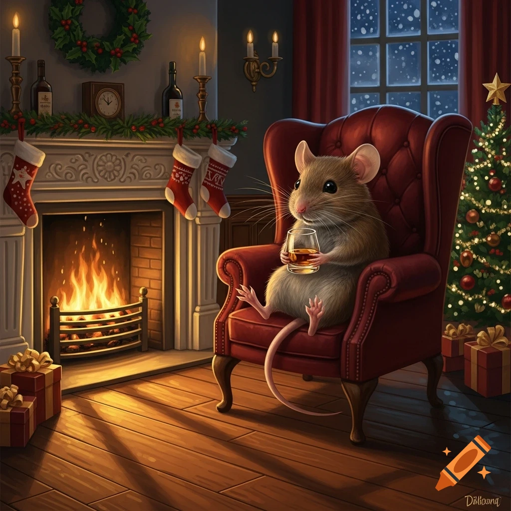 A cute brown mouse sits in a red armchair by a cozy fireplace, holding a glass of whiskey in a festive Christmas living room.