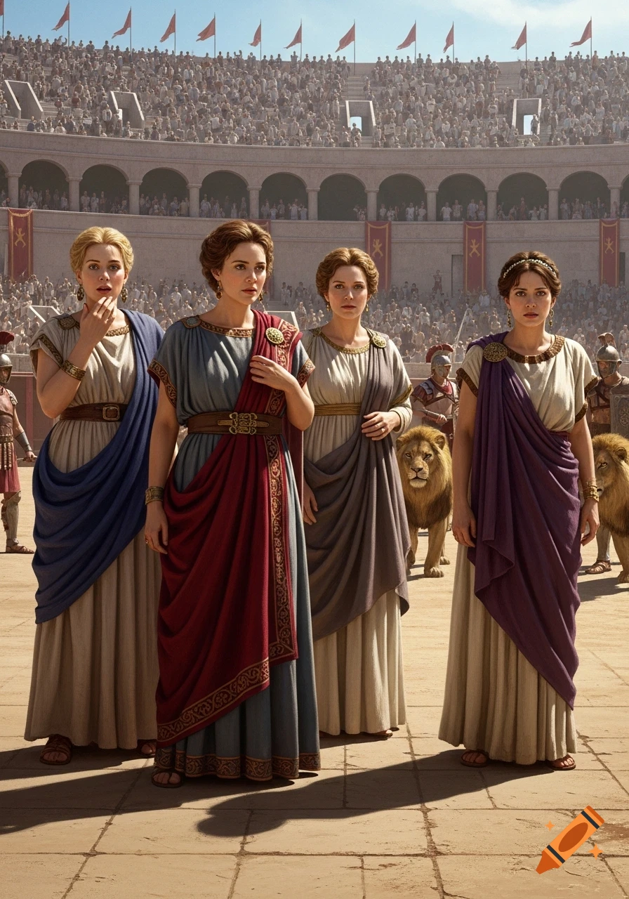 Four women in ornate Roman attire stand in a sunlit gladiatorial arena with two lions behind them, while a crowd watches from the stands.