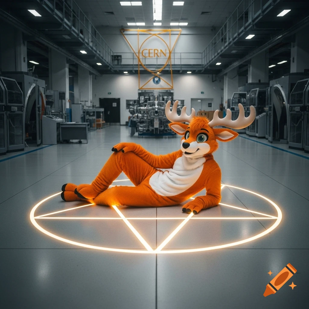 A ginger elk fursuiter lies on a glowing pentagram on the floor of a large, modern science facility with 'CERN' visible in the background.