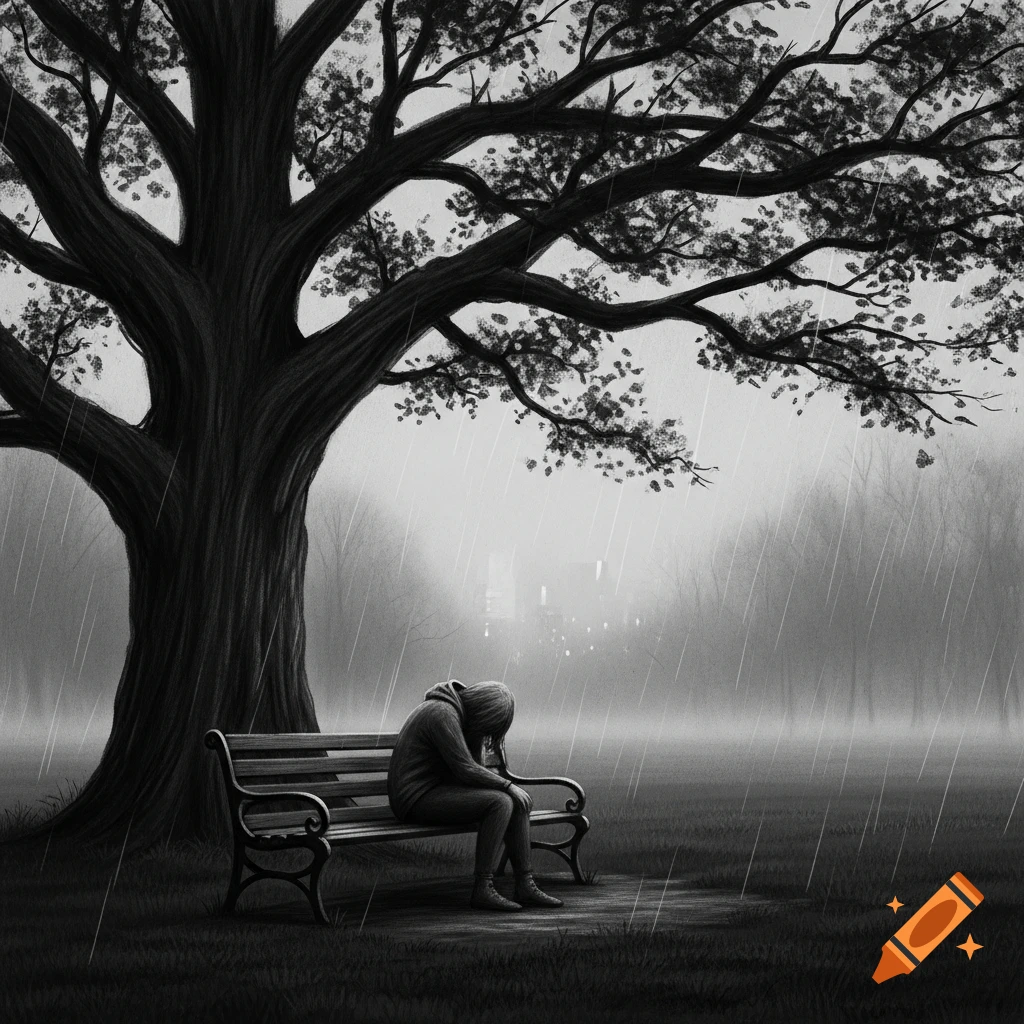 A grayscale charcoal drawing of a person sitting alone on a park bench under a large tree in the rain, head down.
